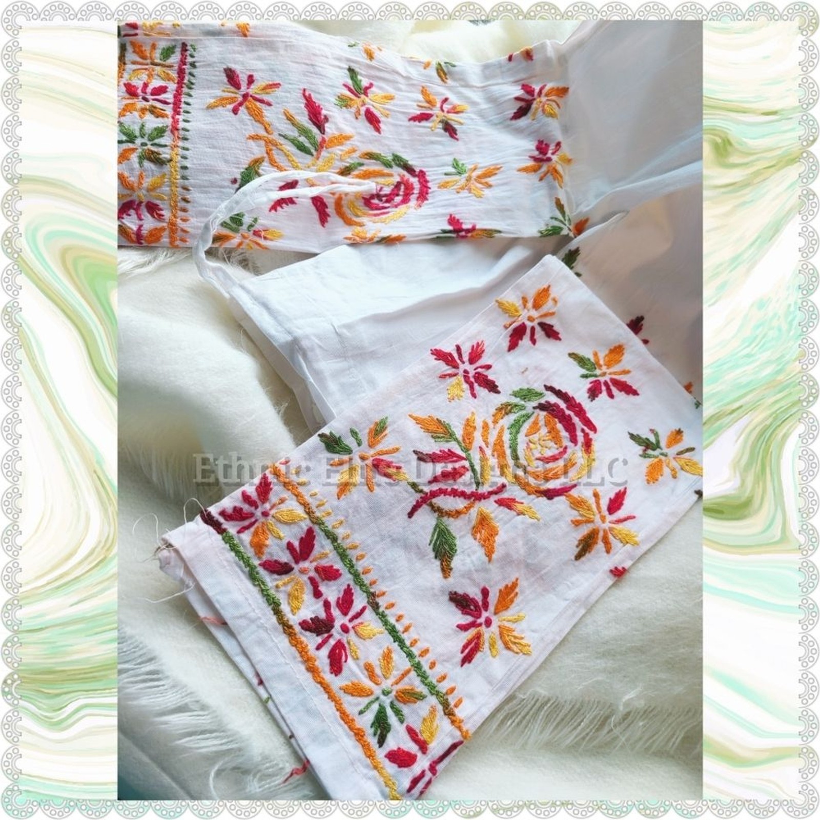 New White multi color embroidered ankle pants with drawstring Size Small