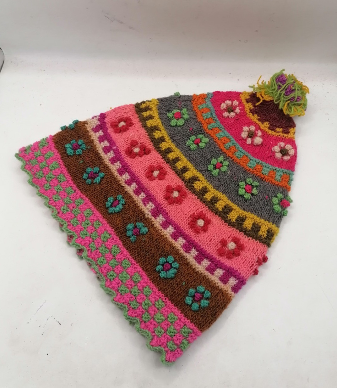 Unisex Chullo Knitted Sheep Wool Multicolored Flowers Cusco