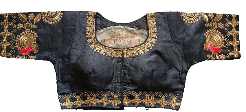 Indian Beautiful Round Neck Blank Color Golden Flower Peacock Embroidery Blouse