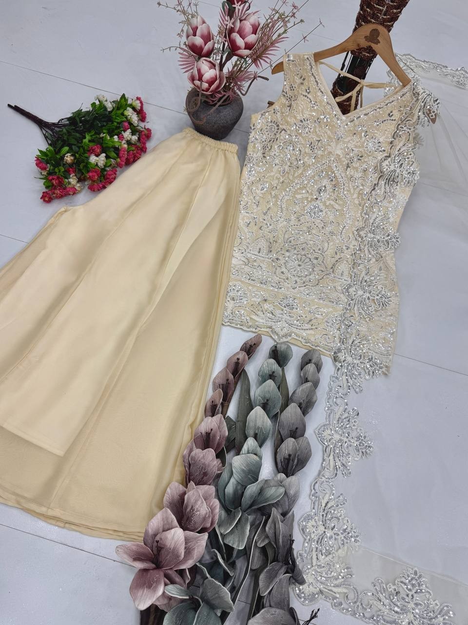 Presenting Star Georgette Cream Top Palazzo With Dupatta For Indian Party Wear