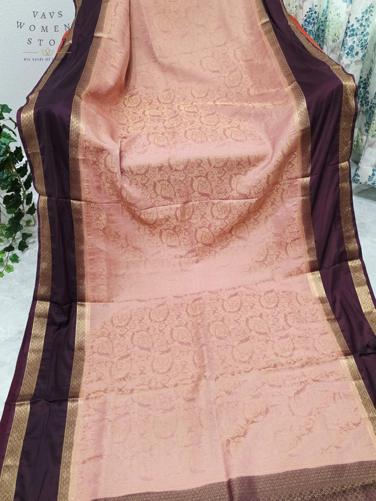 Blush Peach Aubergine Purple Semi Mysore Crepe Silk Saree Gold Zari Border