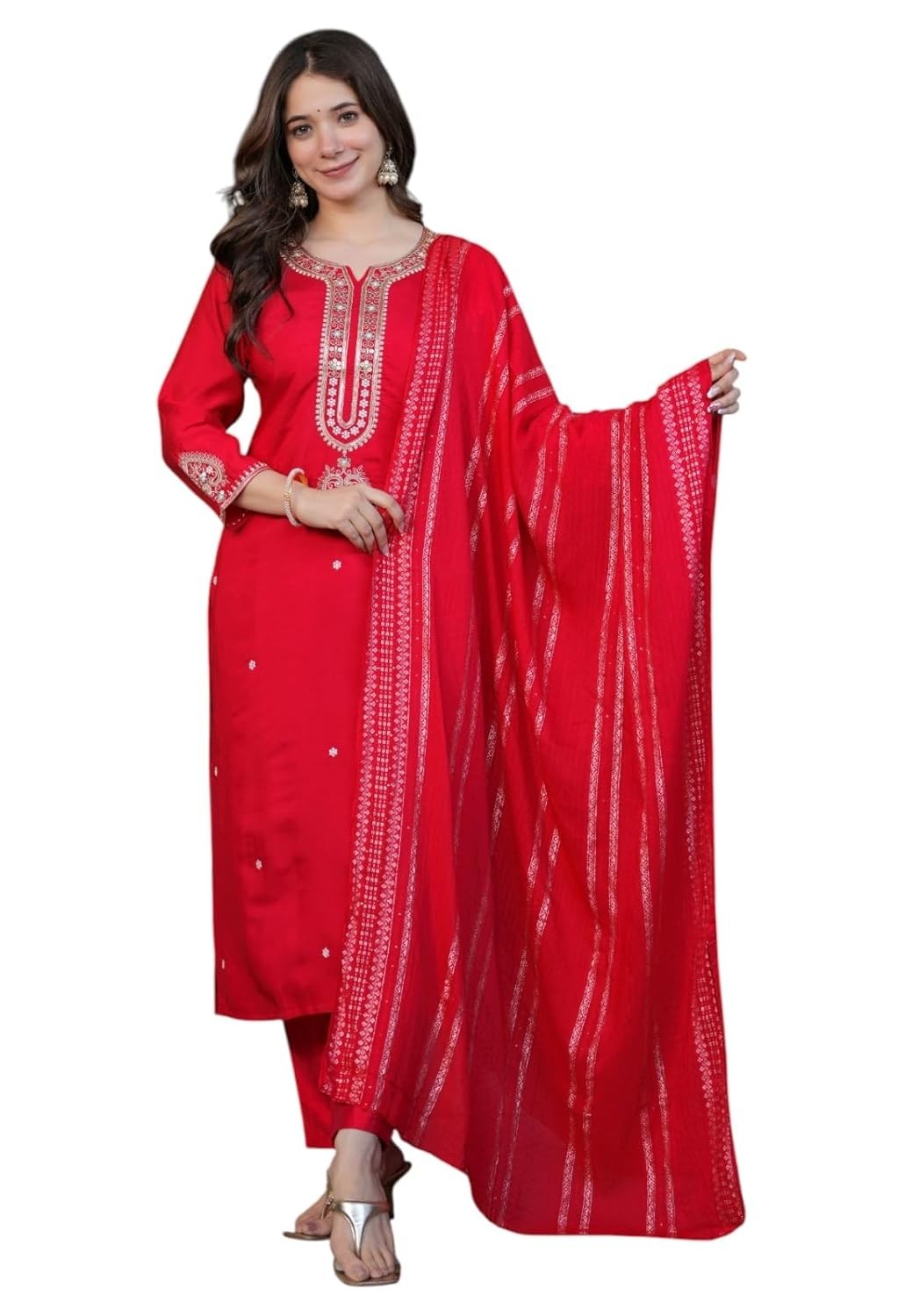 Women Embroidered Viscose Chanderi Fabric Straight Kurta, Pant and Dupatta Set