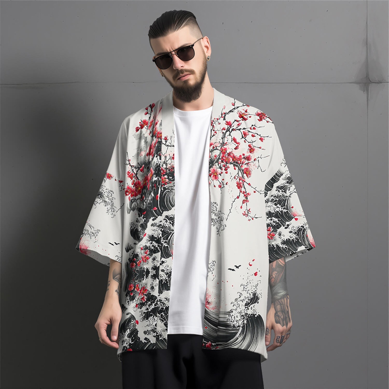 Niepce Men’s Japanese Graphic Lightweight Blossom Waves Kimono Cardigan Shirt