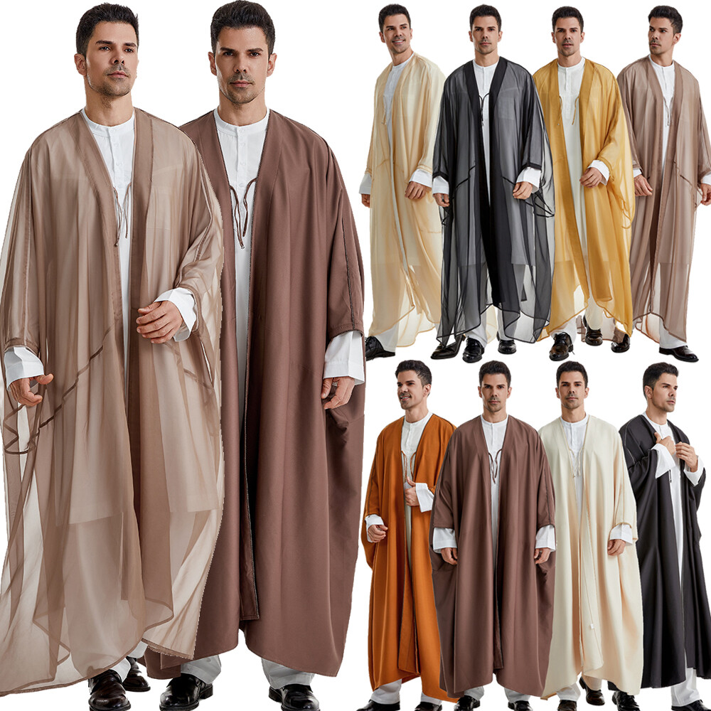 Saudi Arab Men Solid Color Open Kimono Batwing Robe Muslim Abaya Ramadan Prayer