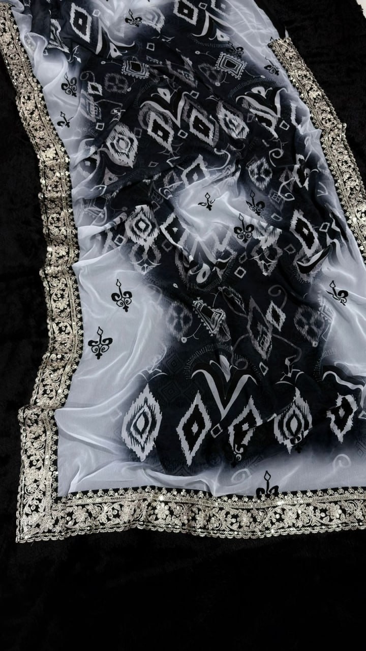 Designer Bollywod Black Georgette Printed Saree For Women Saree Blouse With Lace