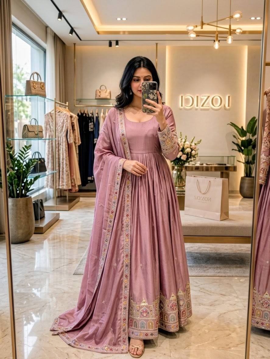 Beautiful Chinon Silk Pink Gown Bottom With Dupatta For Indian Wedding Wear