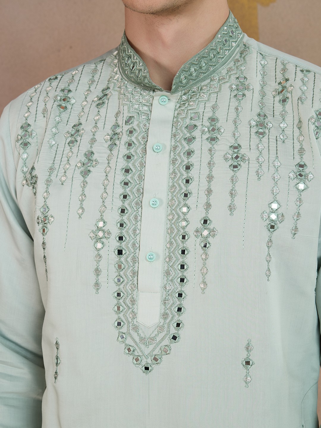 Light See Green Mirror Work Ombre Kurta Set For Men