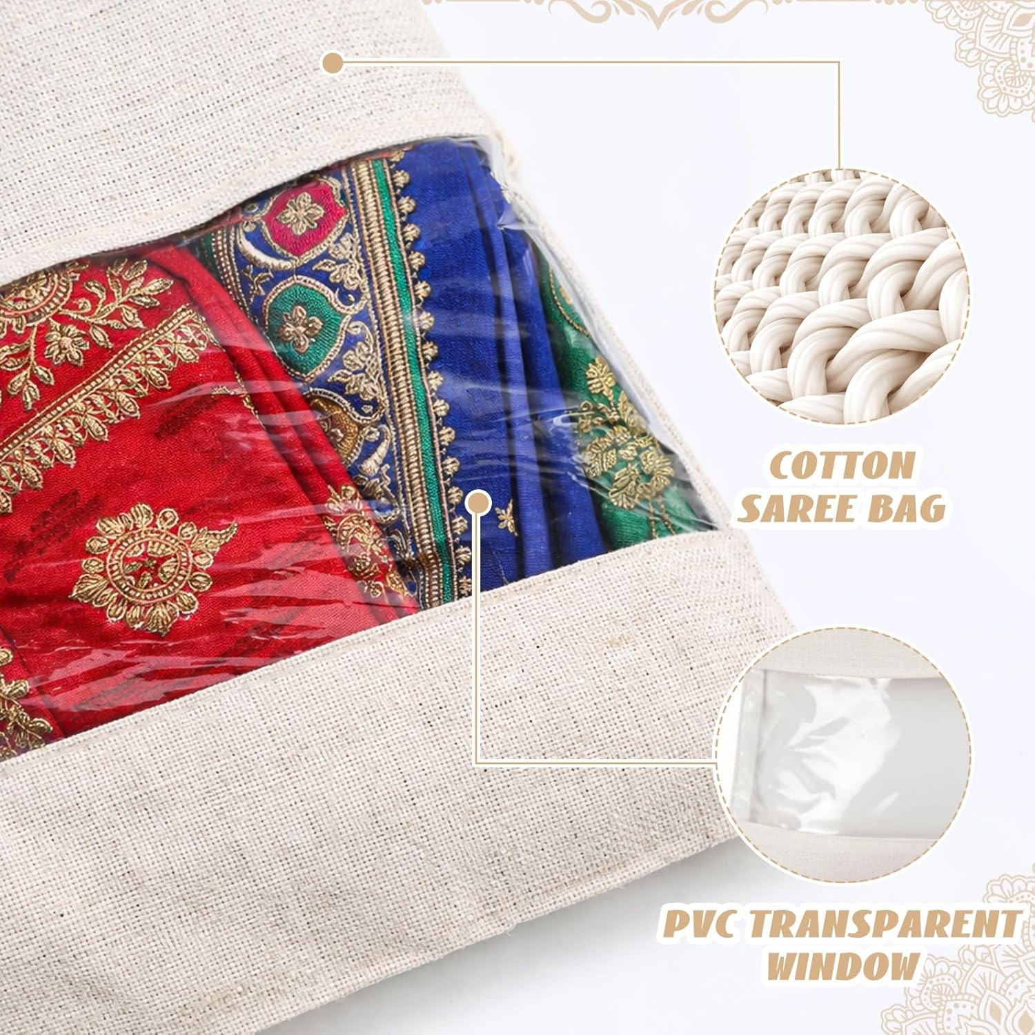Large Cotton Saree Storage Bags with Transparent Window – Set of 10