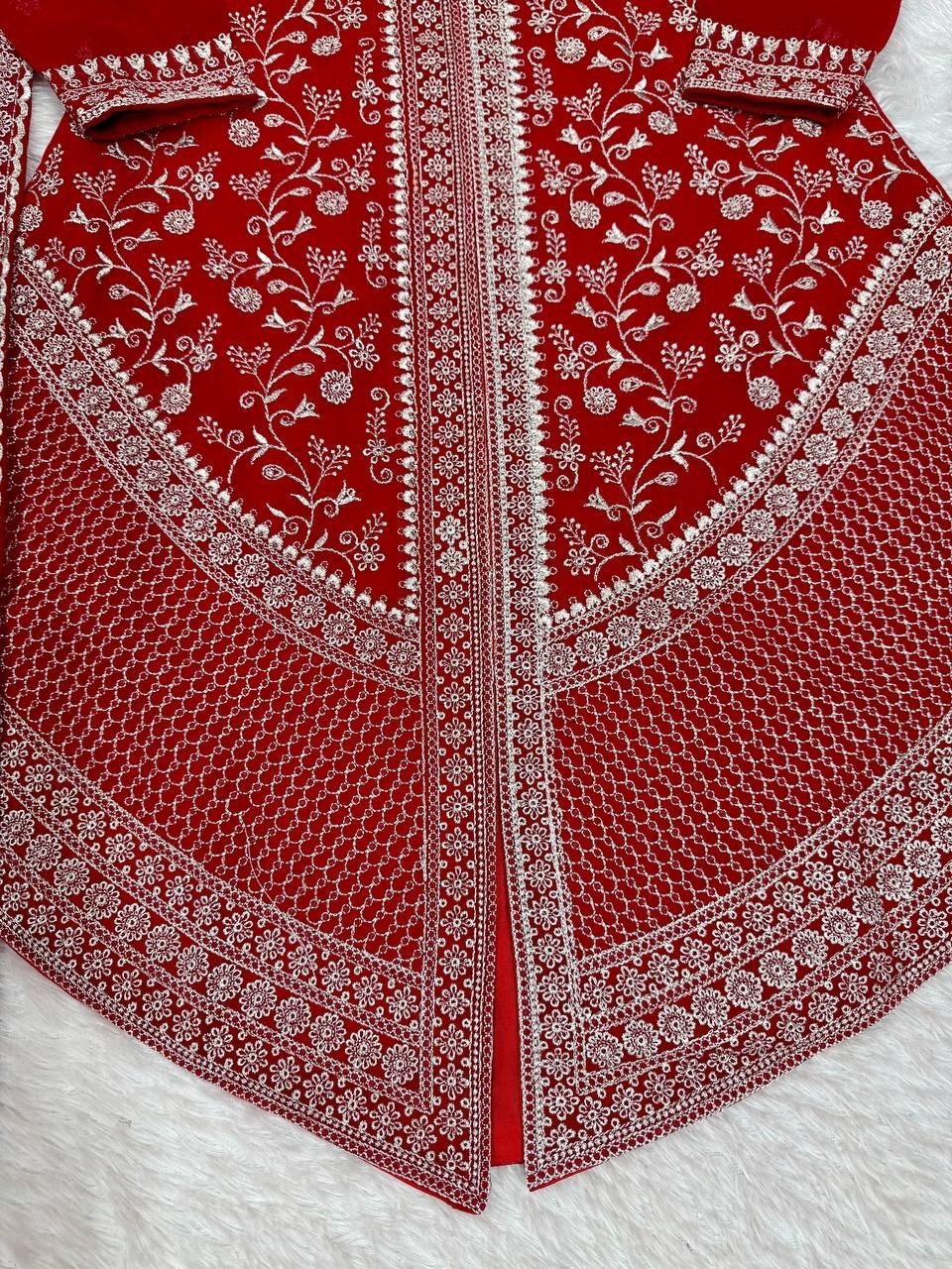 Presenting Faux Georgette Red Palazzo Suit With Dupatta For Wedding Wear