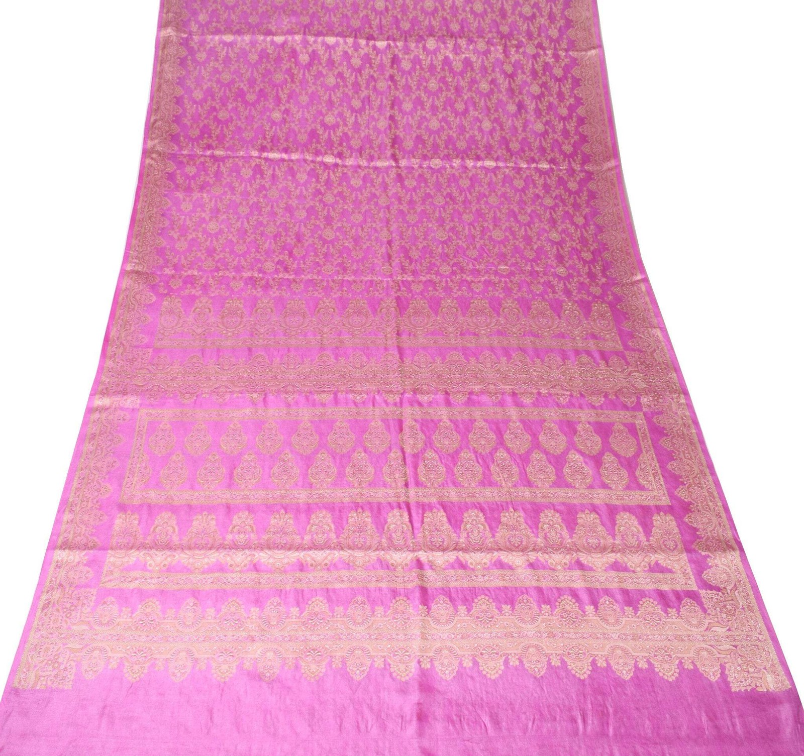 Sushila Vintage Fuchsia Pink Saree Pure Tussar Silk Floral Woven Sari Fabric