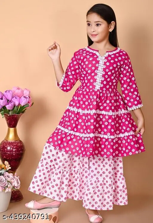 Indian Kids Traditional New Ethnic Beautiful Print Kurta Palazzo Set For Girl