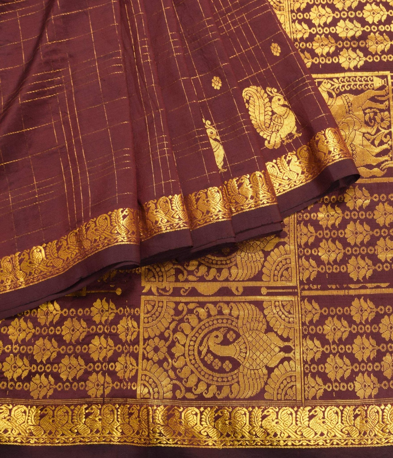 Sushila Vintage Kanjivaram Maroon Saree Gold zari Brocade Pure Silk Sari Fabric