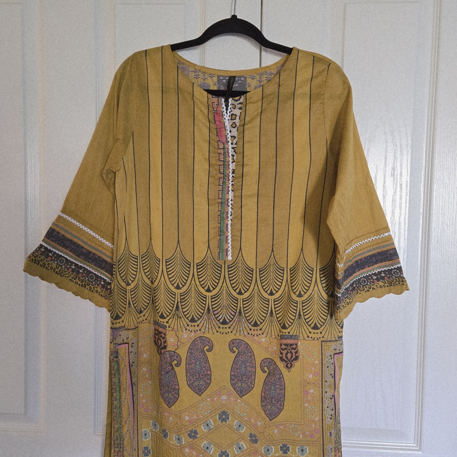 Printed Long Top Yellow Kameez 100% Cotton Causal Wear Dress Size L