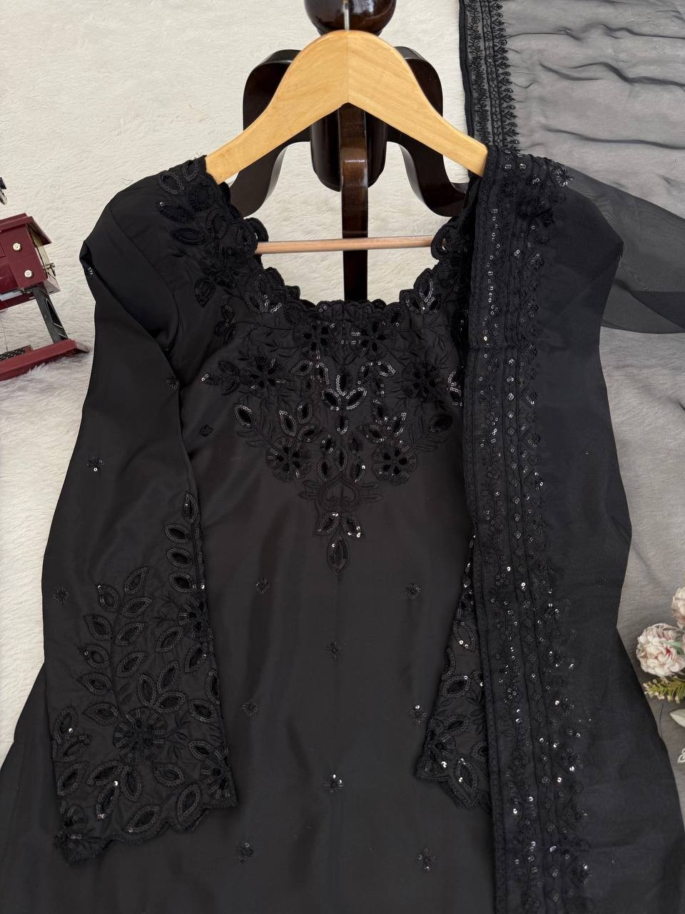 New Launching Natural Crep Black Top Bottom With Dupatta For Function Wear