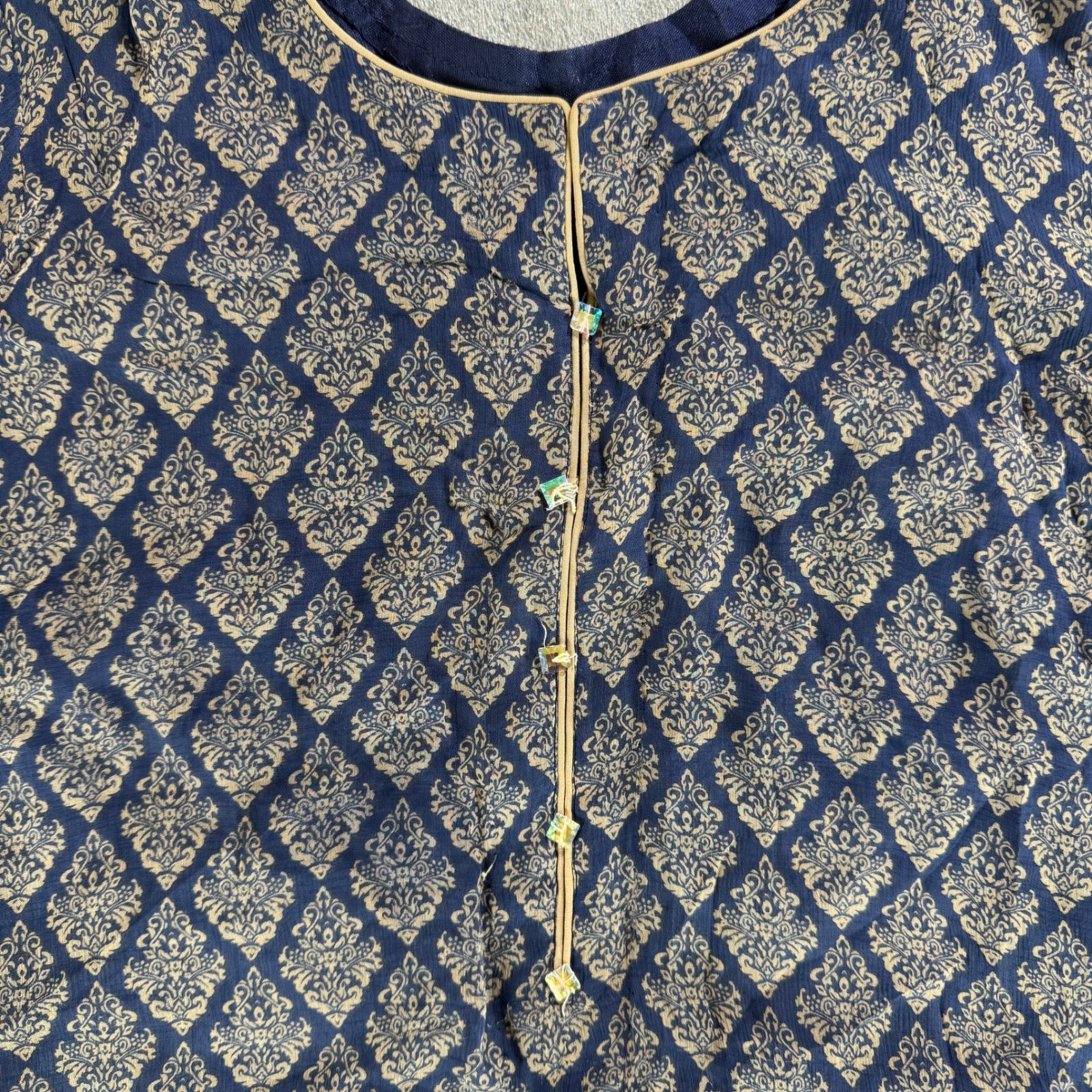 Vintage Y2K Women’s South Asian Kurta Kameez Tunic Navy Gold Beaded Lined