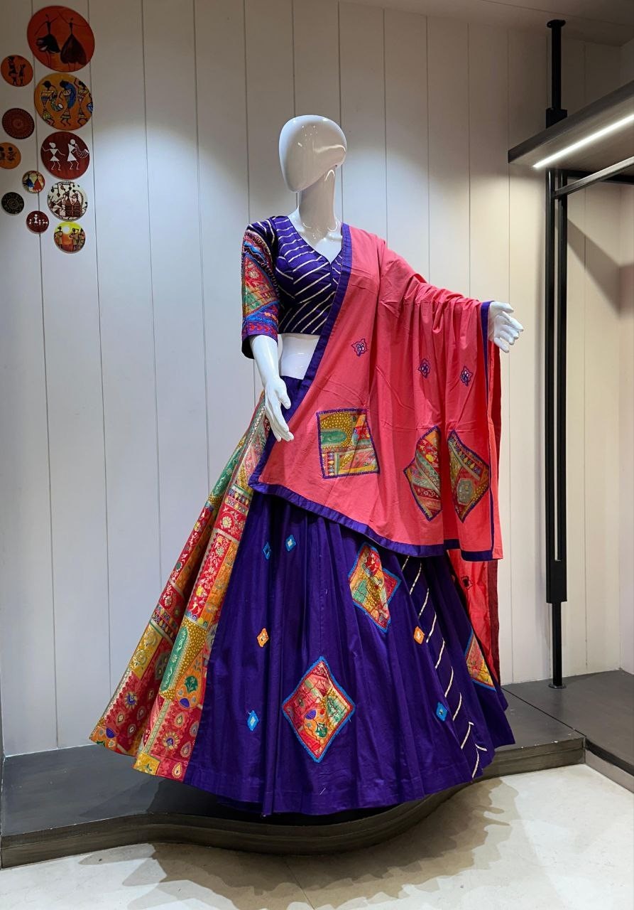Designer Jaam Cotton Chaniya Choli with Aari Work & Banarasi Patch Aadatexport