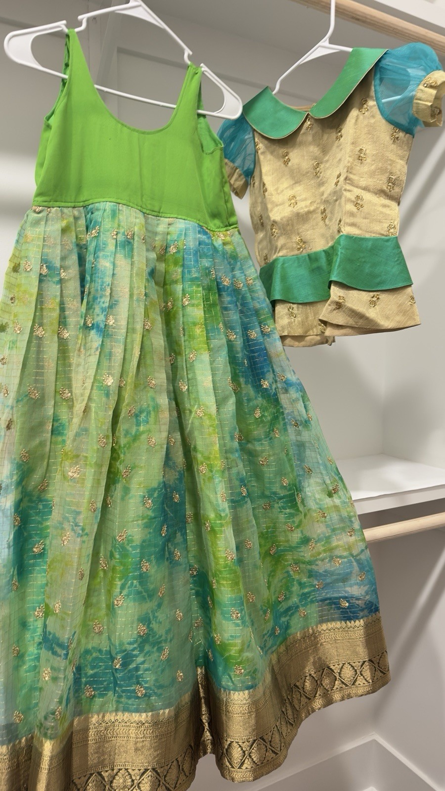 Indian Festive, Wear Bright Green And Blue Two Piece Organza Set For Girls