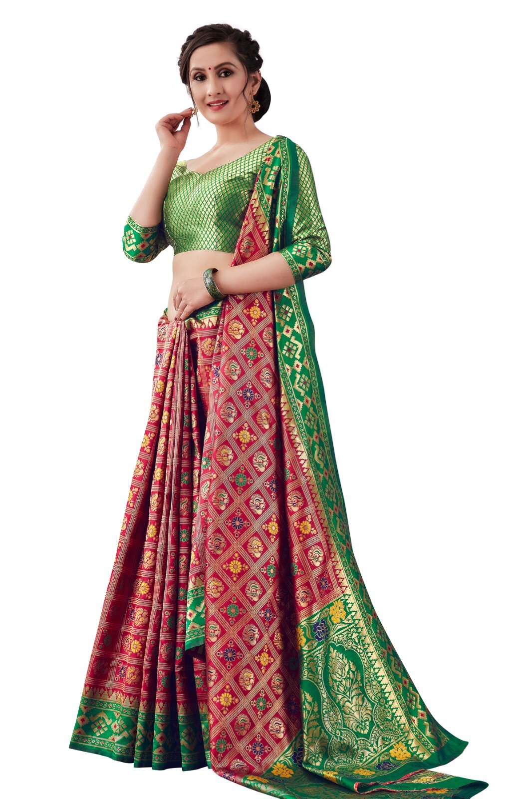 New Indian Women Heavy Chex Red New Design Saree With Unstitched Blouse
