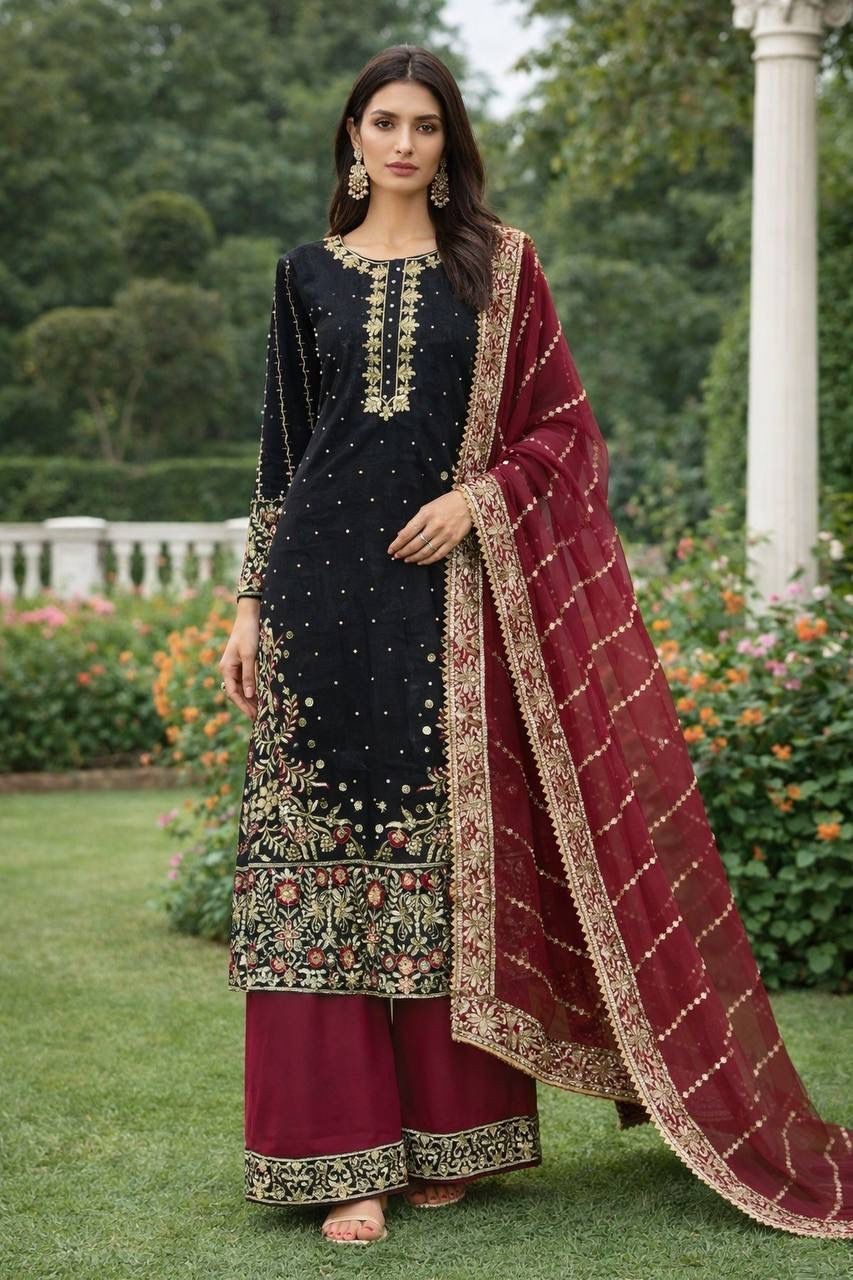 New Designer Heavy Silk Black Kurta Palazzo With Dupatta For Reception Wear
