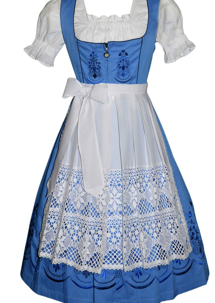 XS S M L XL 2XL Long German Dirndl Dress Waitress Oktoberfest Blue EMBROIDERED
