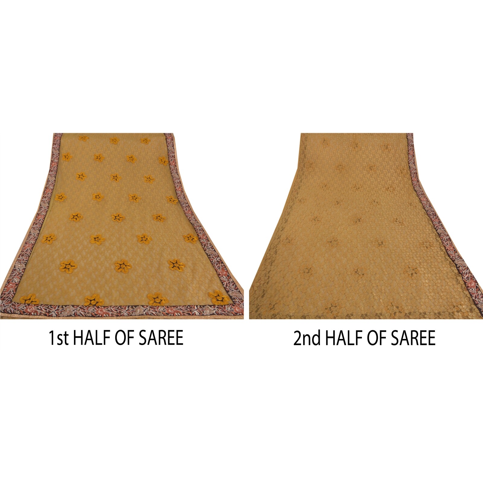 Sanskriti Vintage Yellow Sarees Net Mesh Hand Beaded Craft Fabric Premium Sari