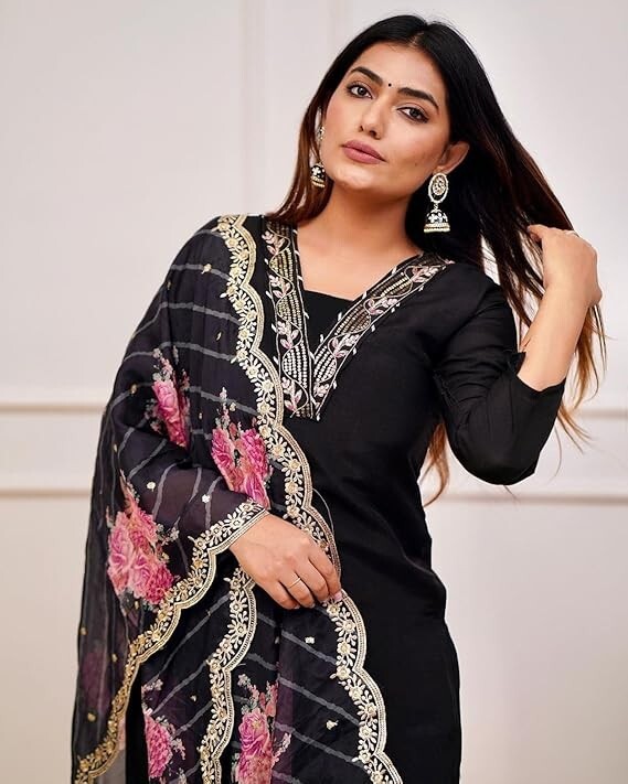 Women Black Embroidered Kurta With Pants And Dupatta, Designer Indian Wear Dress