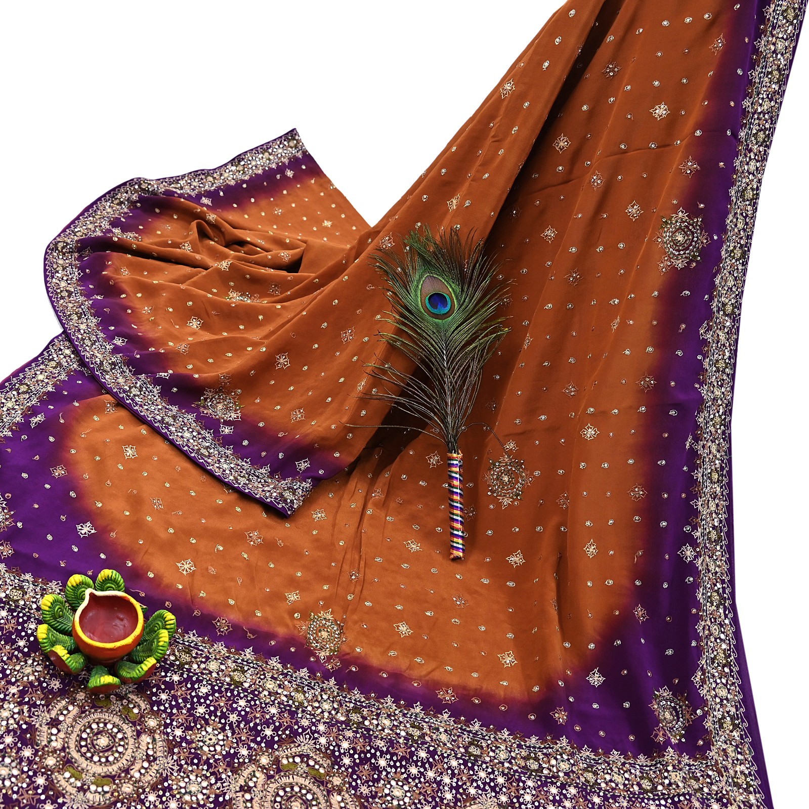 Indian Vintage Sari Purple & Mustard Pure Crepe Silk Hand Embroidered Sarees 6yd