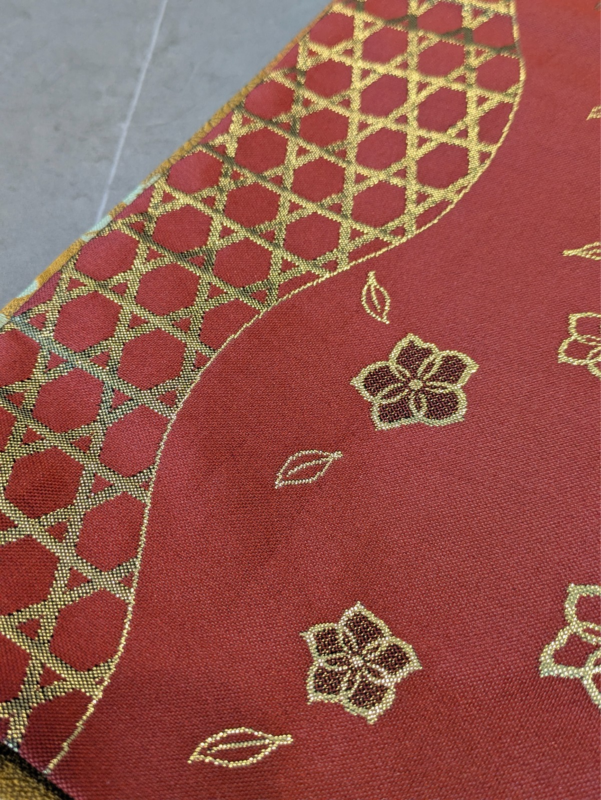 Japanese Kimono Half Obi Gold Red Reversible Floral Geometric Washable Material