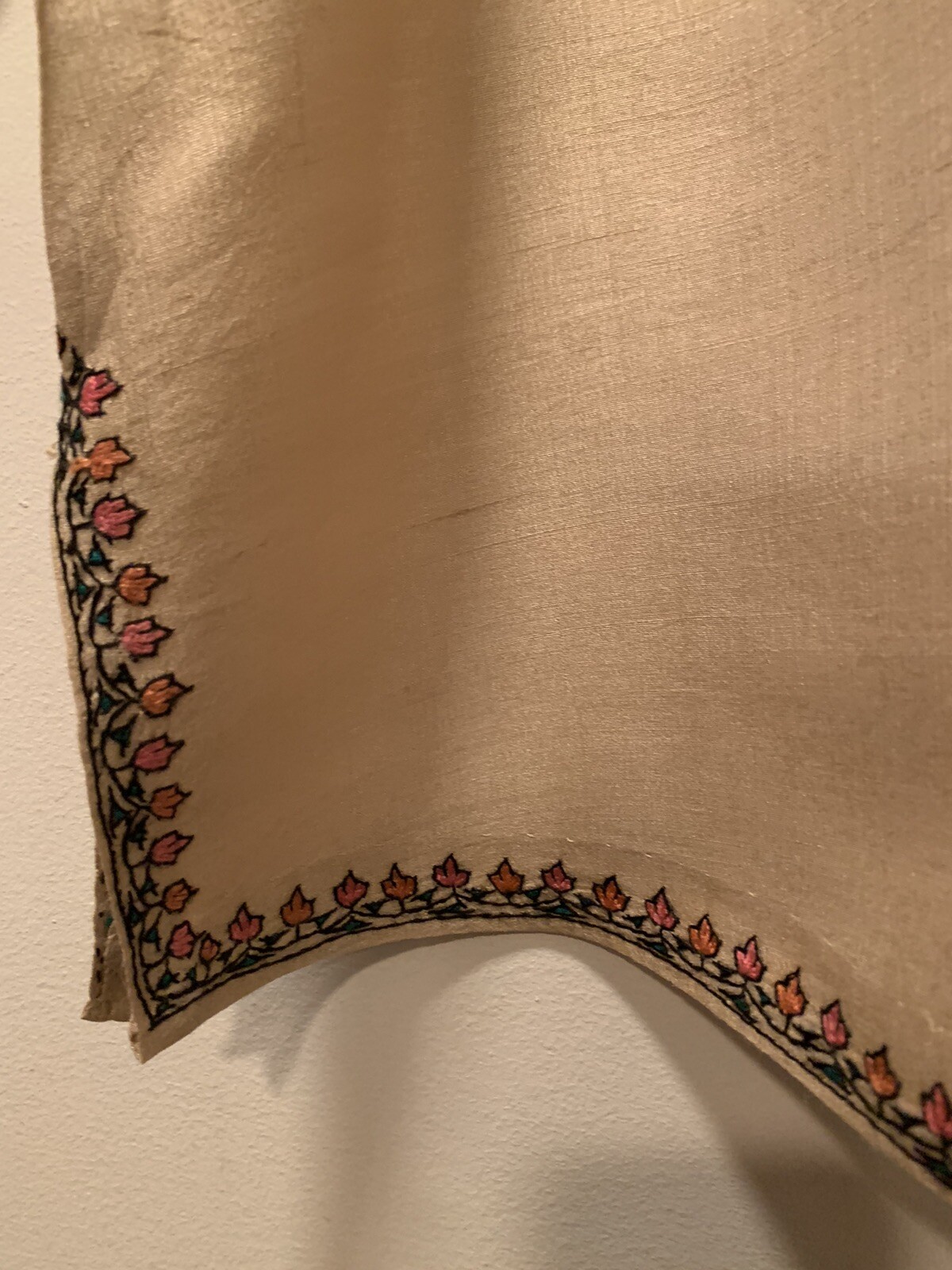Designer Blouse Kurta Top 100% Natural Beige 100% Silk w Kashmir Hand Embroidery
