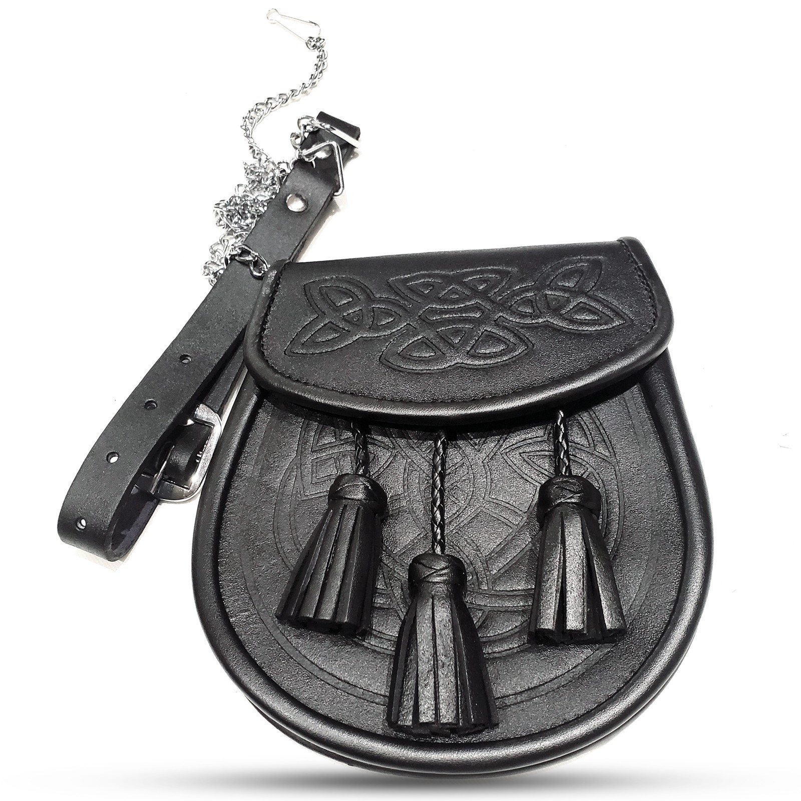 Scottish Black Leather Sporran Celtic Knot Kilt Pouch w/ Adjustable Belt