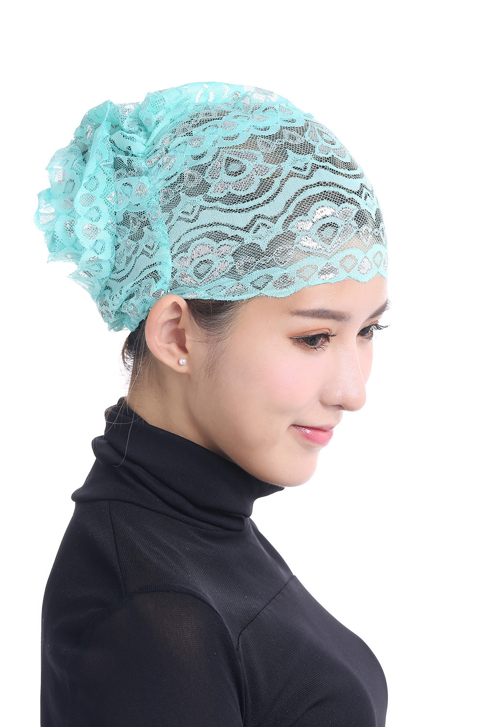Muslim Womens Inner Hijab Cap Lace Flower Turban Headwear Islamic Headscarf Hats