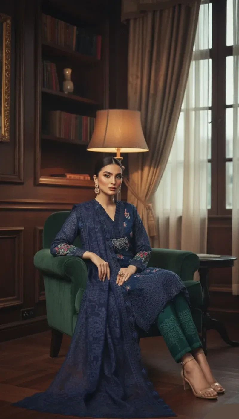 Navy Blue Green Embroidered Pakistani Suit 3Pc Chikankari Lawn Dress Set