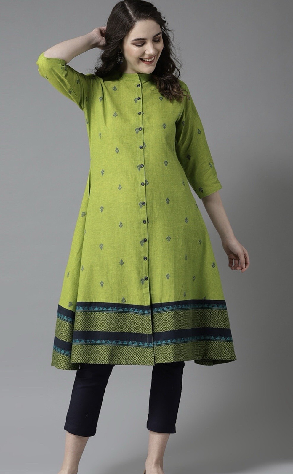 NWT Here & Now Women Green & Navy Woven Design A-Line Kurta Medium Green #1a