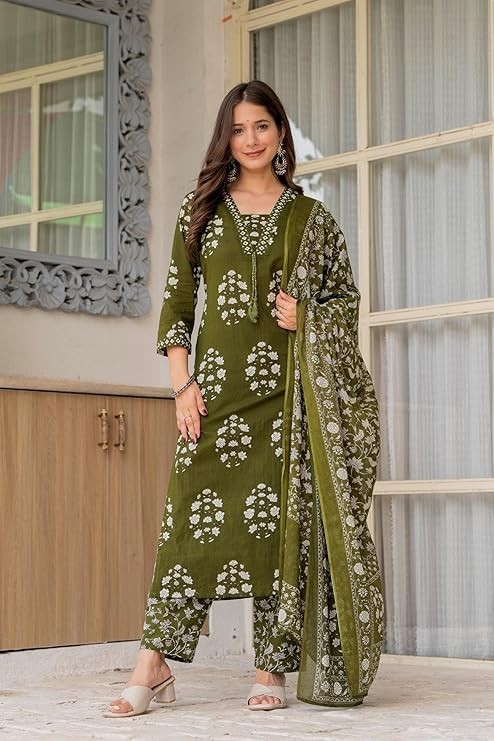 Women’s Pure Cotton Printed Straight Kurta Set with Palazzo Pants & Dupatta
