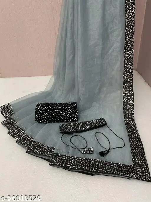 WOMEN SUPER NET FABRIC SAREE WITH SEQUENCE WORK LACE BORDER, BLOUSE AND BELT