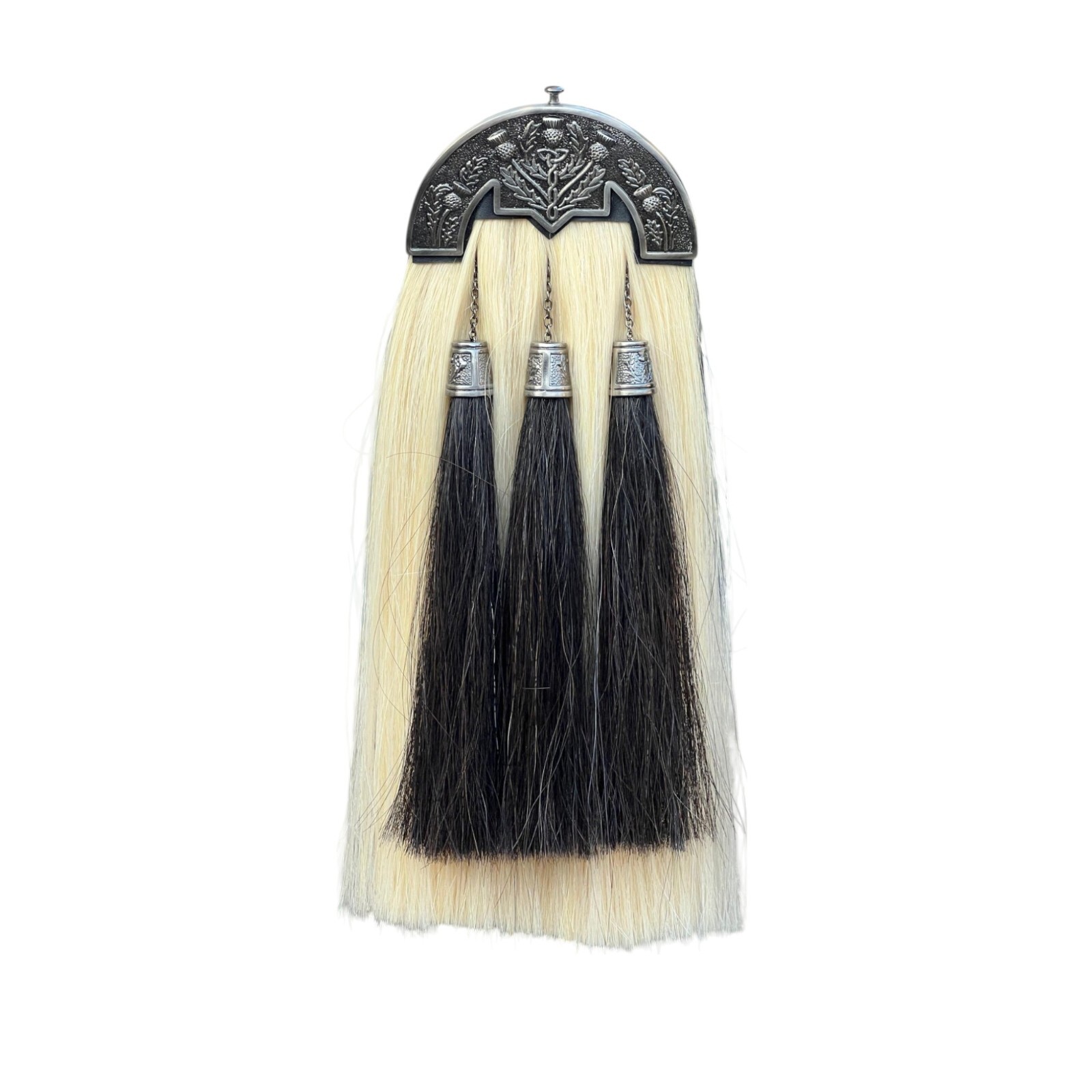 Scottish Horse Hair White Sporran Three Black Tassels Sporran With Chain & Belt