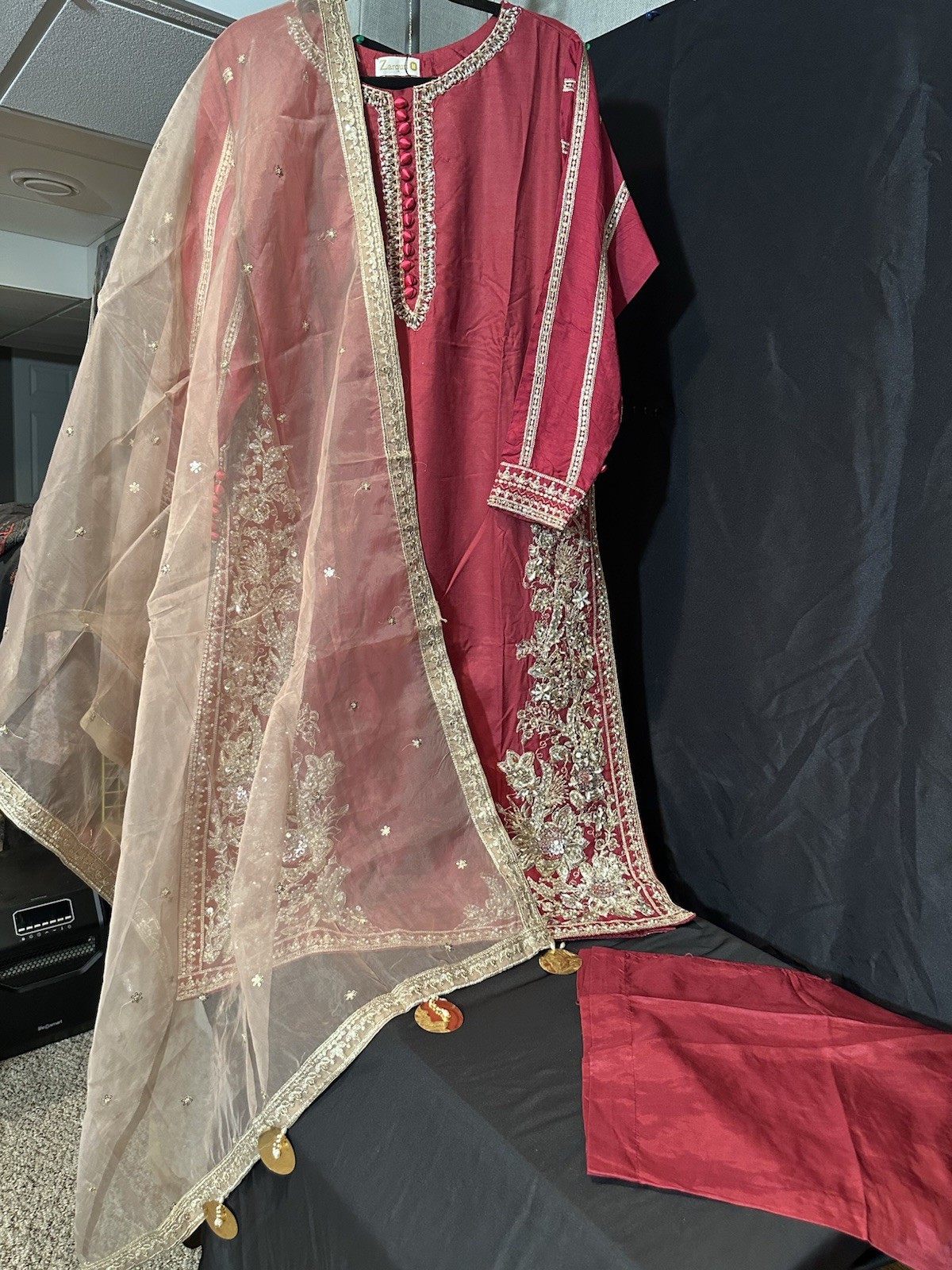 Premium ZARQUN BRAND – Emb Raw Silk Front & Back Emb, Organza Dupatta – $90