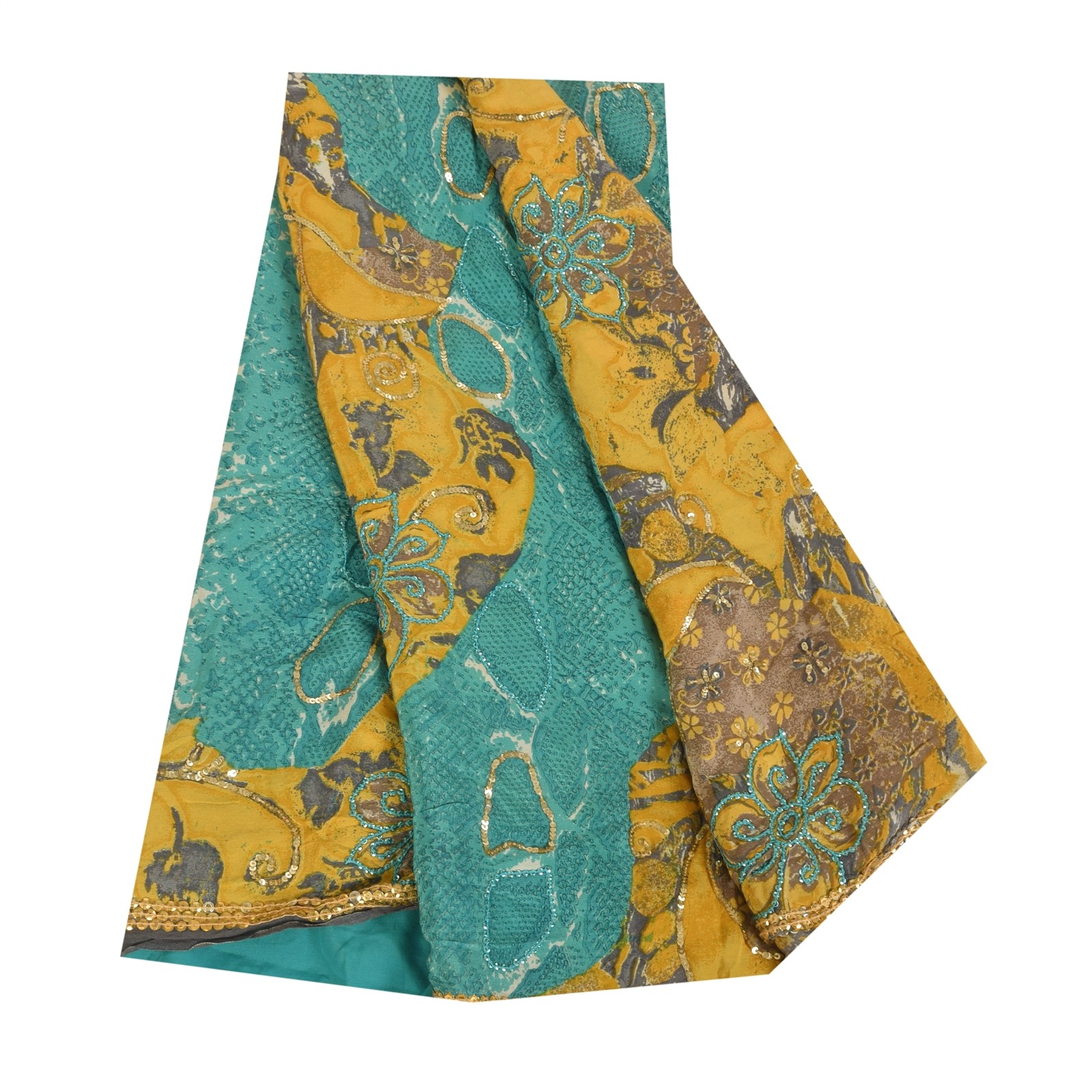 Sanskriti Vintage Sarees Blue & Yellow Pure Crepe Print Embroidered Sari Fabric