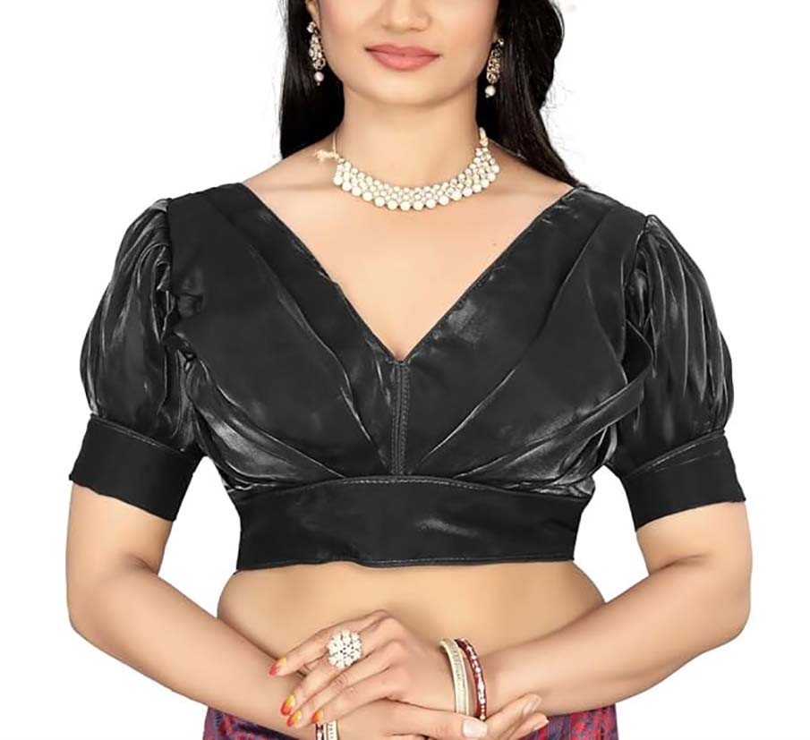Women’s Organza Blouse V-Neck Puff Sleeve Readymade Saree Blouse Tunic Crop Top