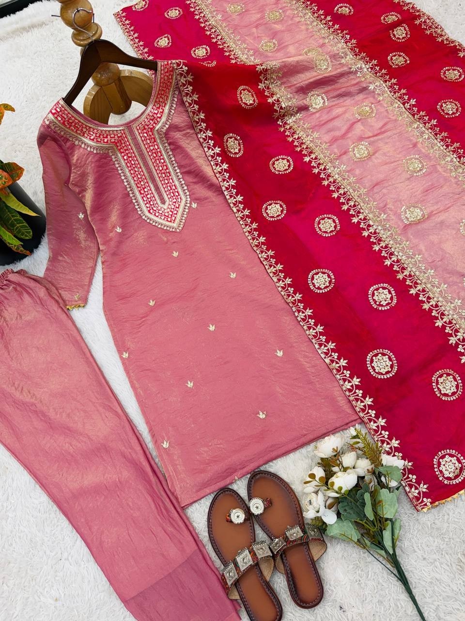 Bollywood Style Silk Pink Salwar Kameez With Fancy Dupatta For Party Wear