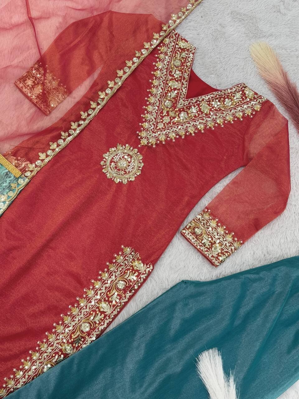 Indian Designer Red Twill Net Silk Kurta Palazzo With Dupatta For Reception