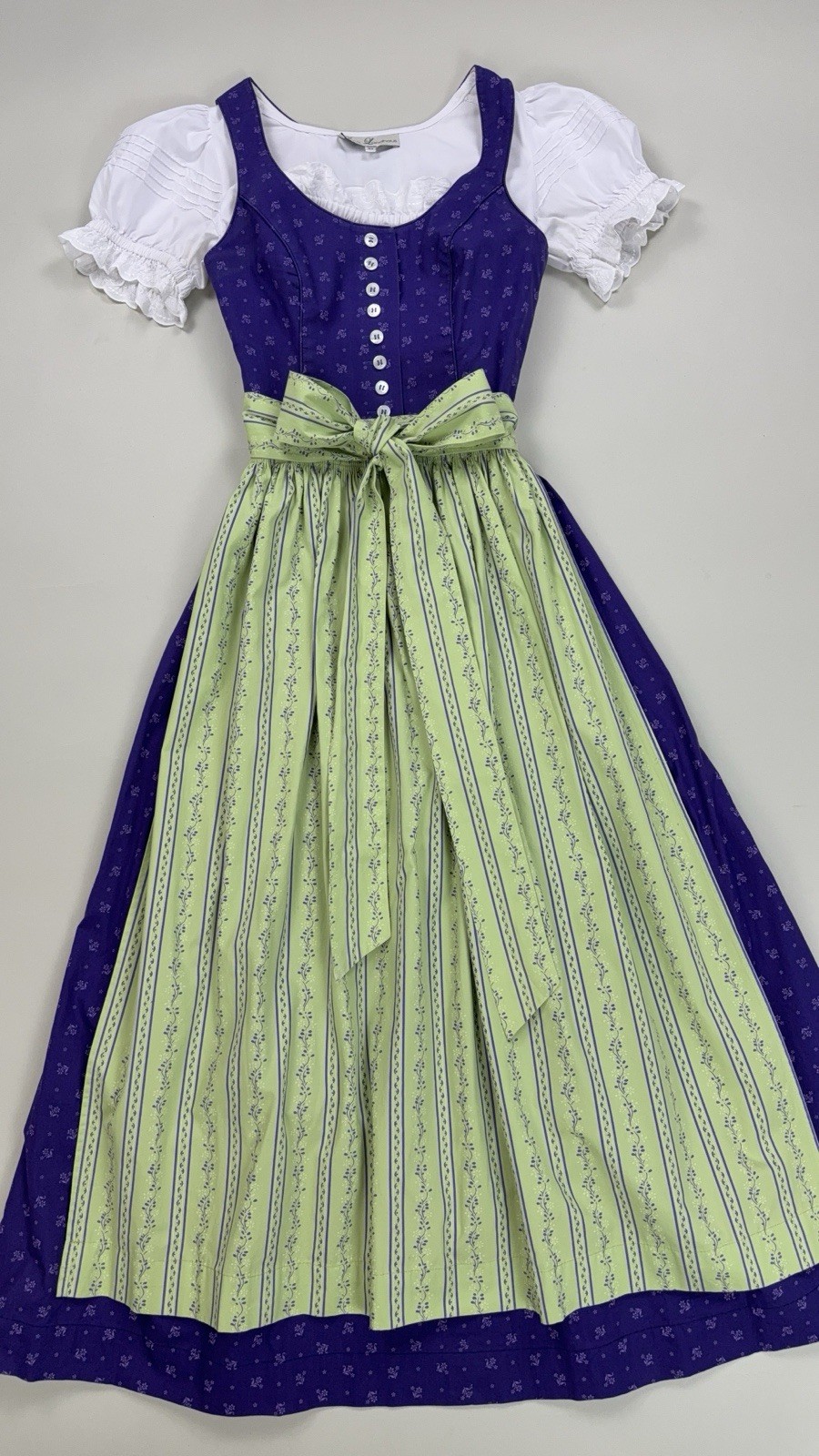 Wenger Cotton Dirndl Dress Apron Blouse Purple Green Oktoberfest XS 34