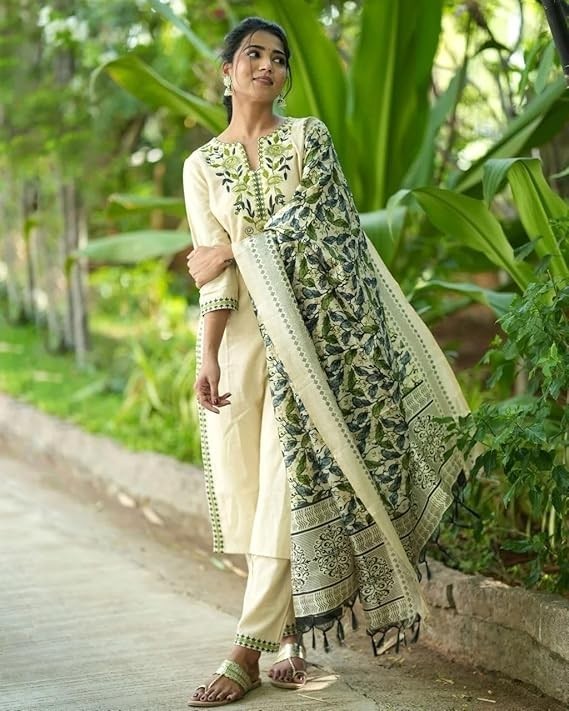 Women Beige Plus Size Embroidered Indian Rayon Long Kurta Top Trousers & Dupatta
