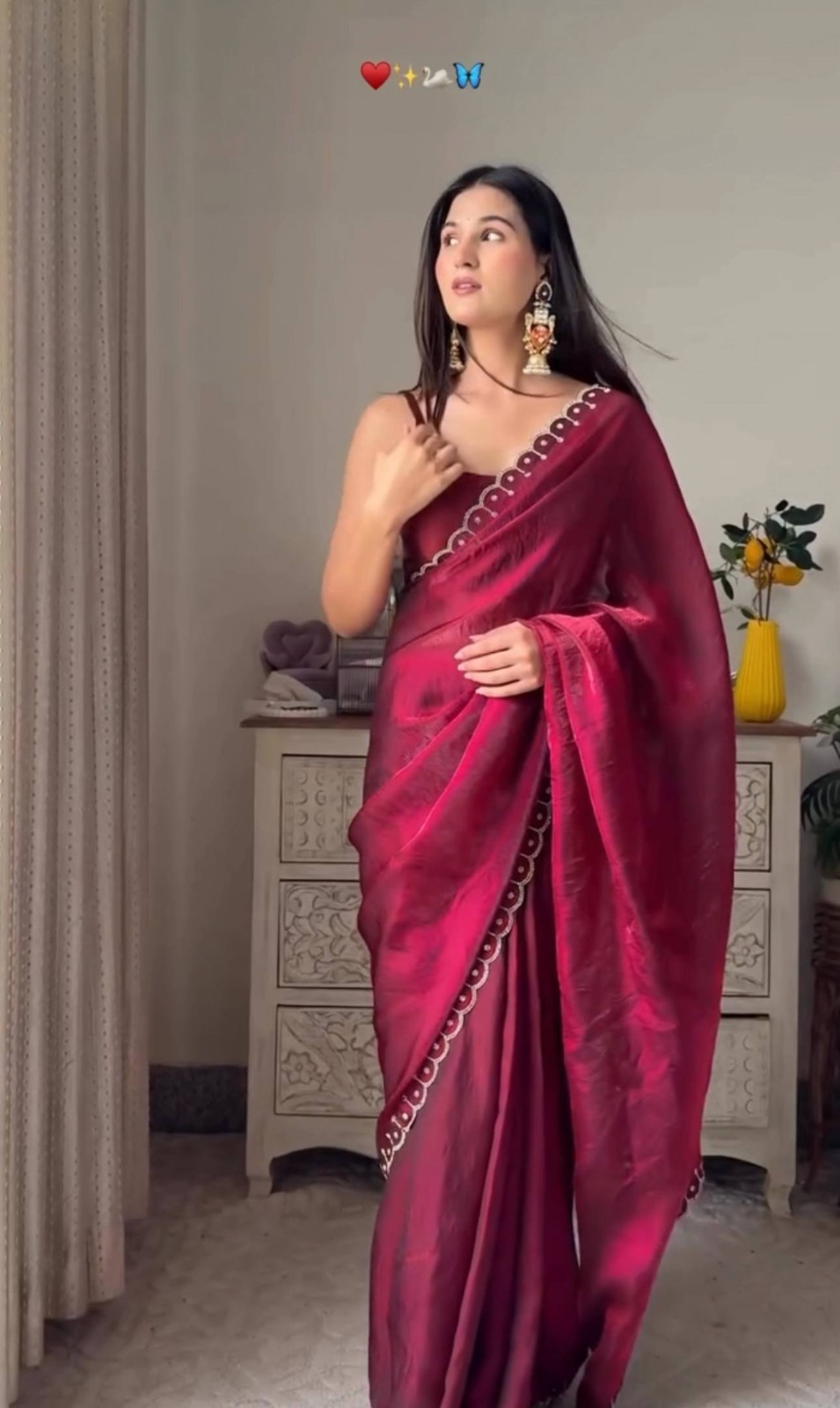 Maroon Color Beautiful Space Shining Silk Embroidered Border Work Sari Stich Top