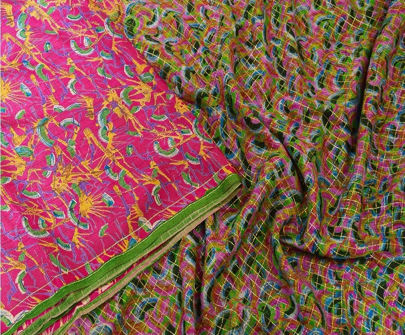 Sanskriti Vintage Sarees Indian Pink Pure Silk Printed Woven Sari Craft Fabric