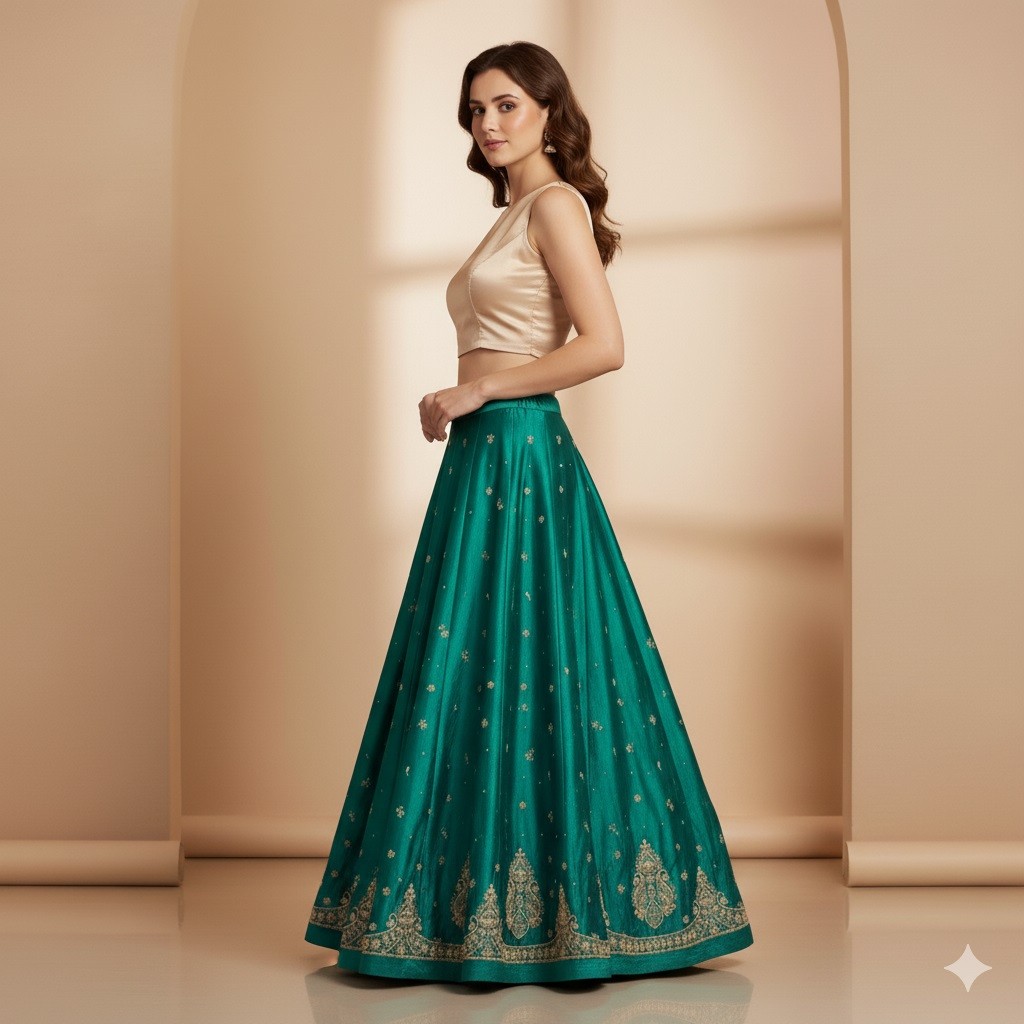 Sanskriti Vintage Green Long Lehenga Satin Silk Hand Embroidery Zardozi Unstitch