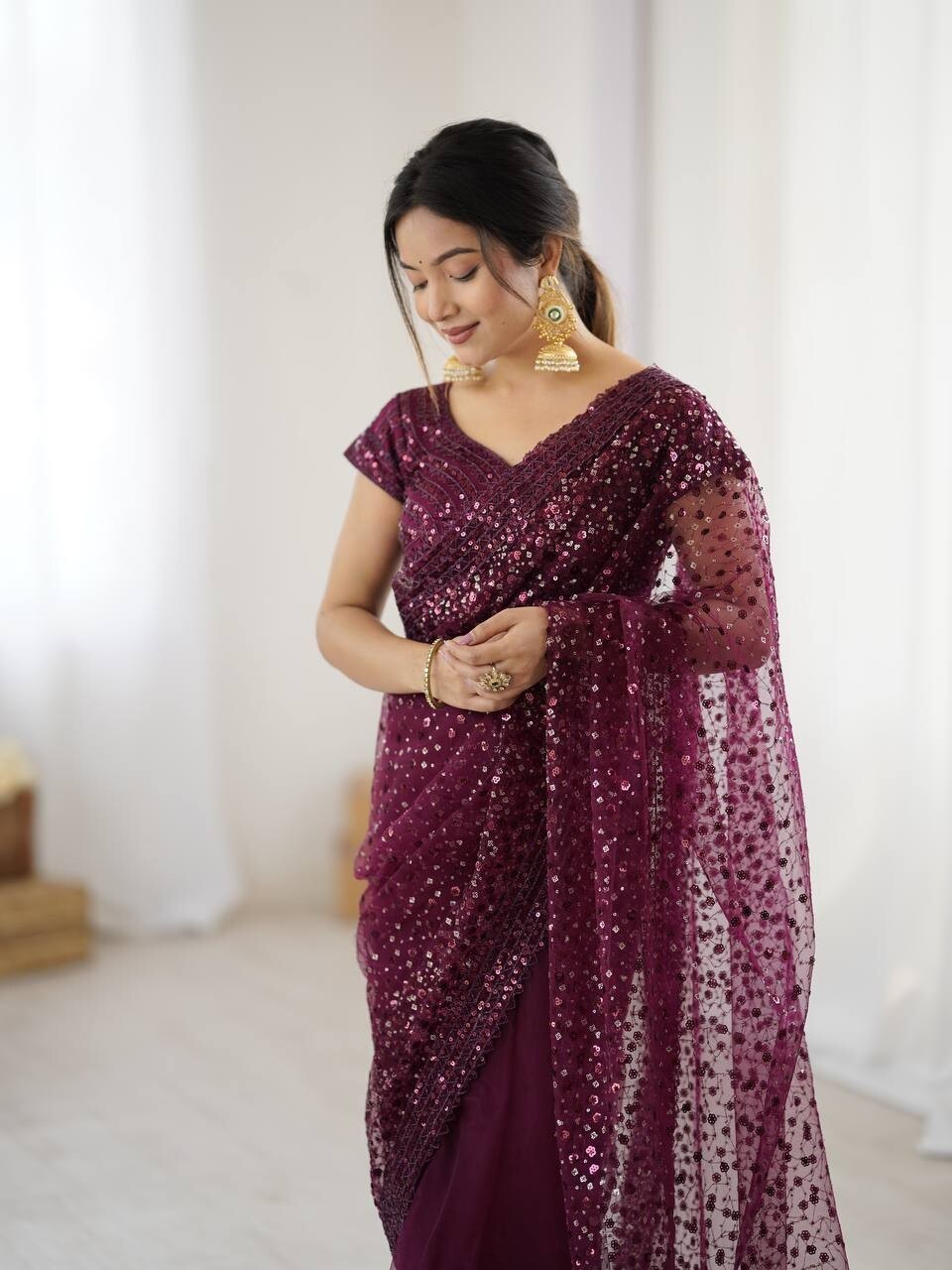 Fancy Designer Net Fabric Wine Saree With Blouse For Indian Wedding Wear