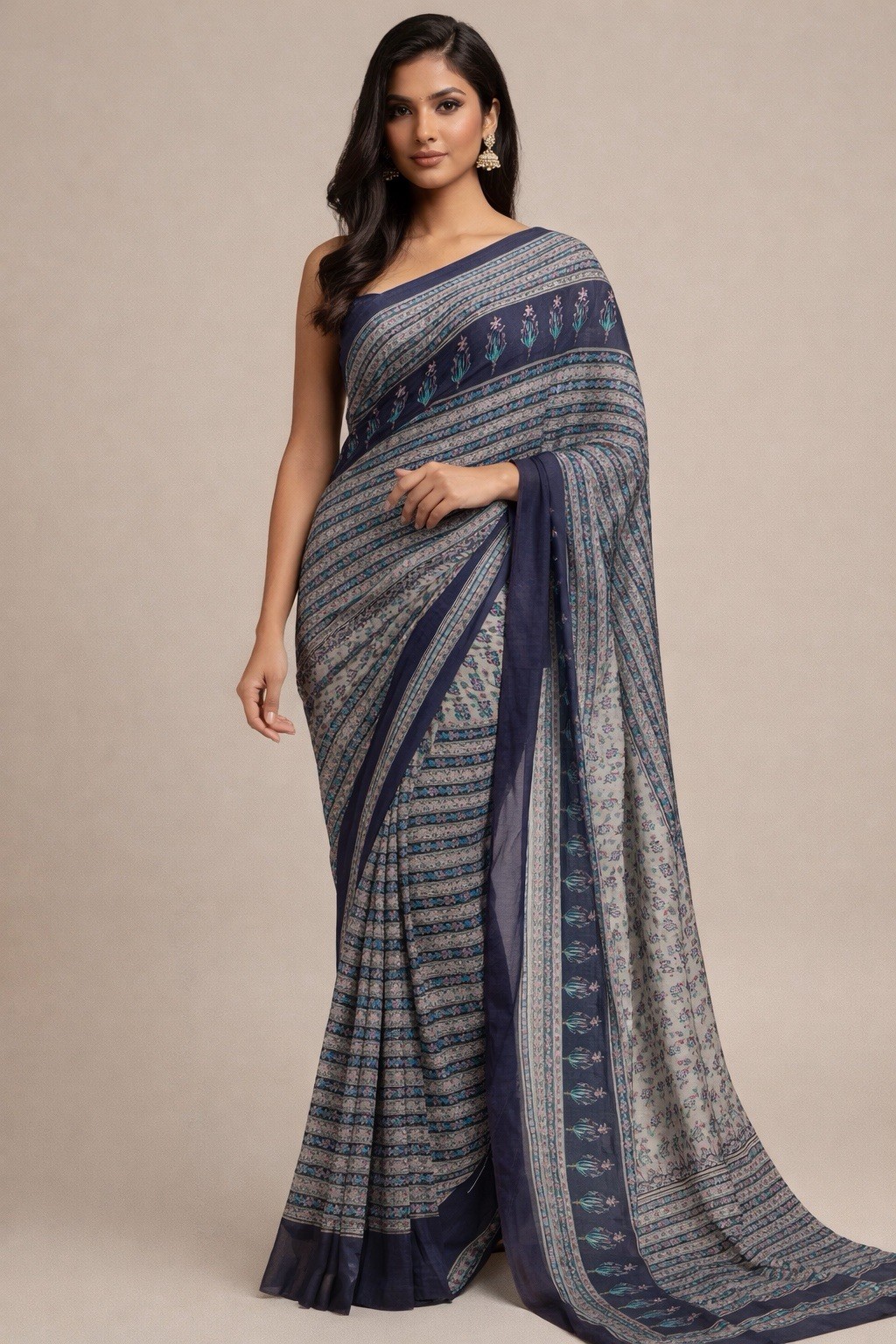 Vintage Saree Silk Chiffon Hand Printed Luxury 208”x47” New Wear or Craft Fabric