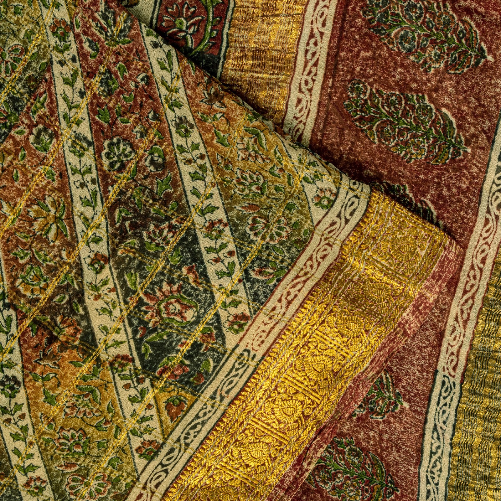 Sanskriti Vintage Yellow-Green Pure Georgette Silk Saree Floral Block Print 6 Yd