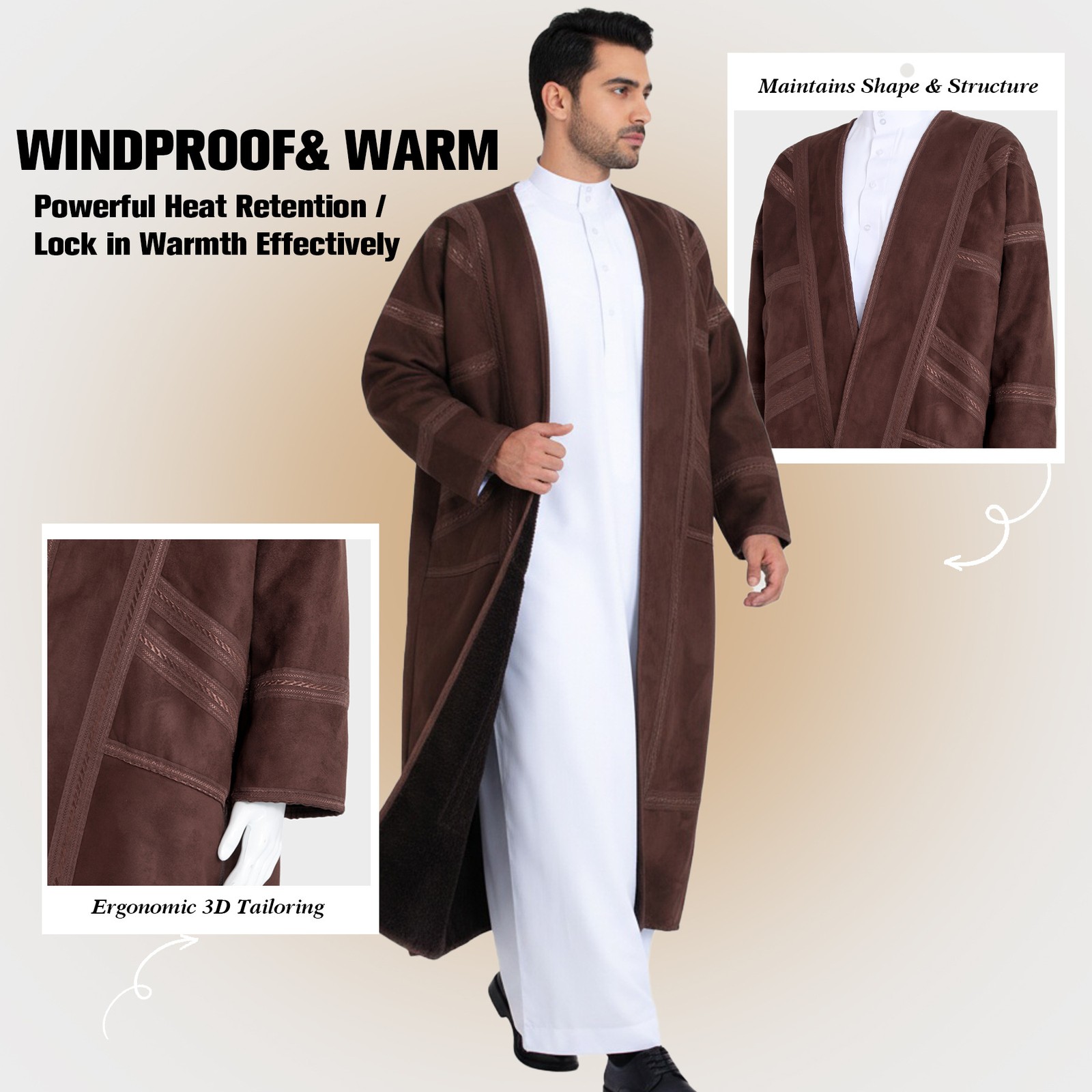 Arab Mens Winter Long Robe Saudi Suede Warm Thobe Dishdasha Thoub Prayer Kaftan